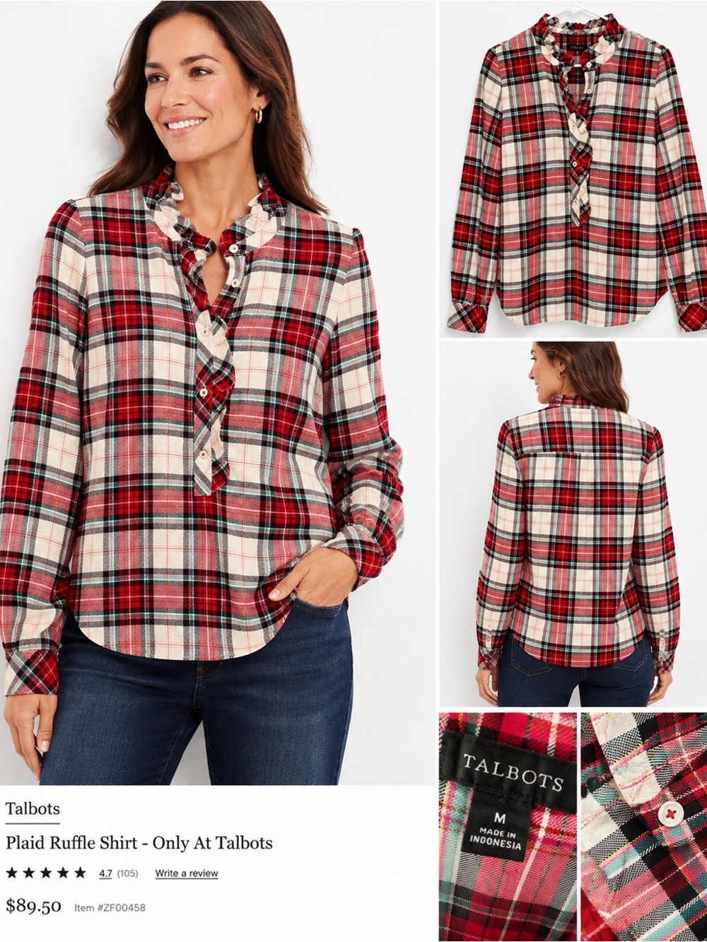 Talbots Plaid Ruffle Blouse Women’s Medium Red Cream Green Holiday Tartan